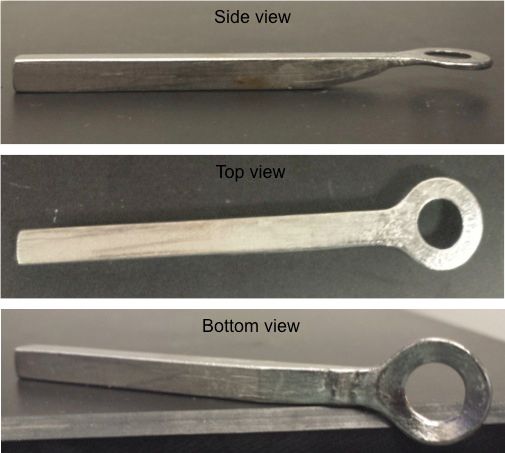 Metal sample views; side, top, bottom; structural design analysis; mechanical properties.