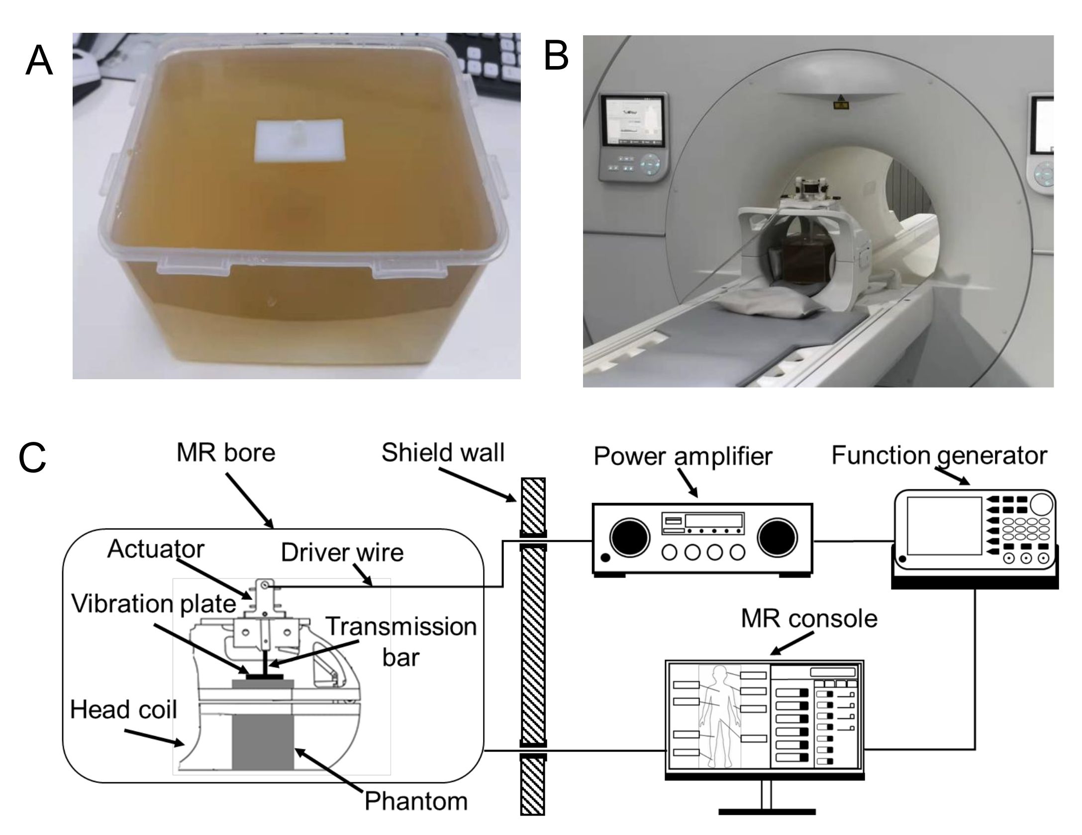 Magnetic resonance setup with phantom, function generator, and actuator; diagram for vibration analysis.