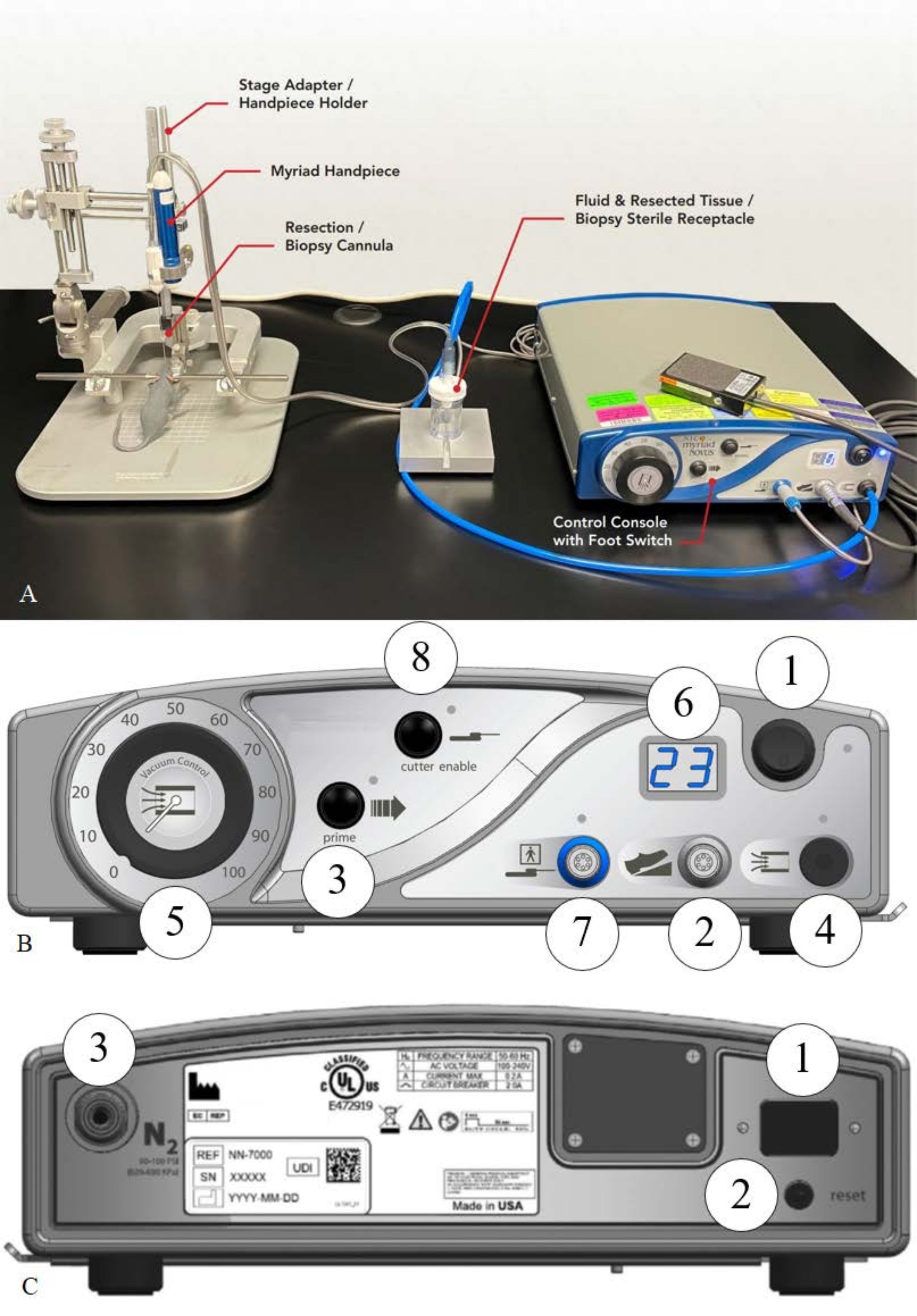 Biopsy resection system diagram with control console, handpiece holder for tissue extraction analysis.