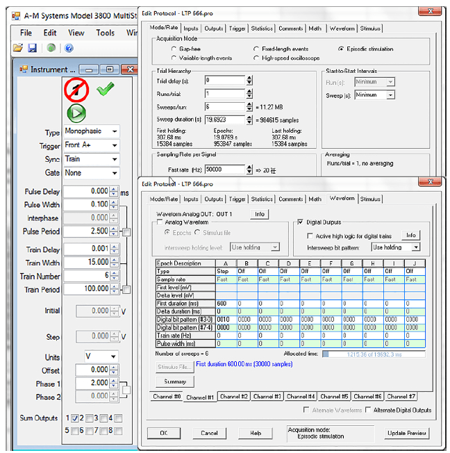 Neurostimulation protocol setup using A-M Systems Model 3800; setting parameters and waveform.